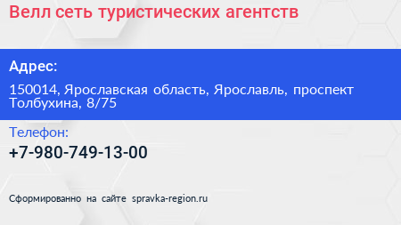 Велл сеть туристических агентств - визитка