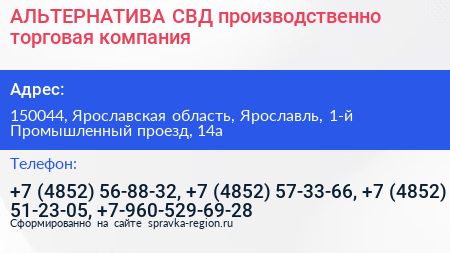 АЛЬТЕРНАТИВА СВД производственно торговая компания - визитка