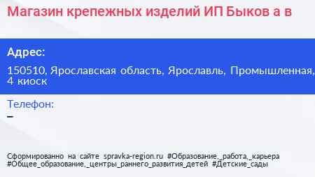 Магазин крепежных изделий ИП Быков а в - визитка