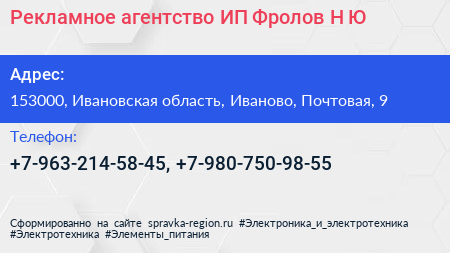 Рекламное агентство ИП Фролов Н Ю  - визитка
