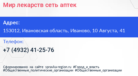 Мир лекарств сеть аптек - визитка