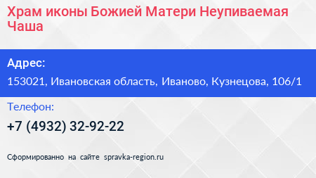 Храм иконы Божией Матери Неупиваемая Чаша - визитка