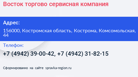 Восток торгово сервисная компания - визитка