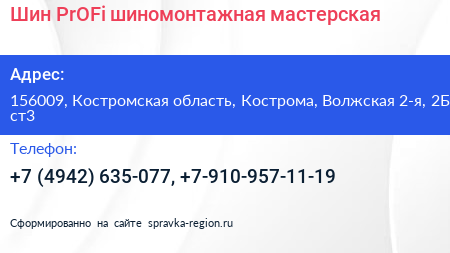 Шин PrOFi шиномонтажная мастерская - визитка