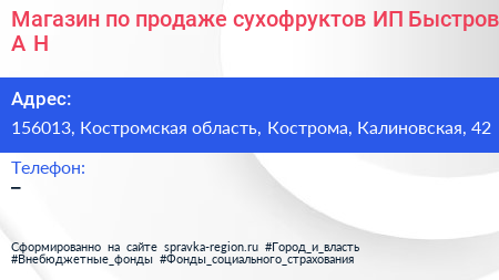 Магазин по продаже сухофруктов ИП Быстров А Н  - визитка