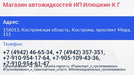 Магазин автожидкостей ИП Илюшкин К Г  - визитка