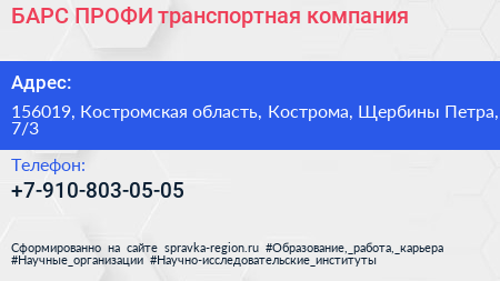 БАРС ПРОФИ транспортная компания - визитка
