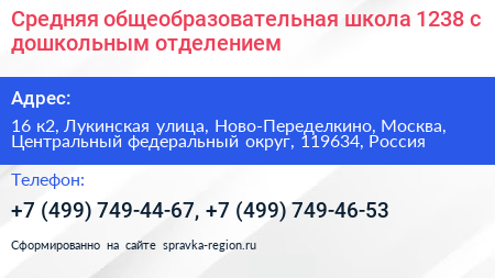 Средняя общеобразовательная школа 1238 с дошкольным отделением - визитка