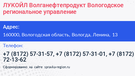 ЛУКОЙЛ Волганефтепродукт Вологодское региональное управление - визитка
