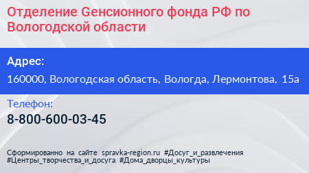 Отделение Gенсионного фонда РФ по Вологодской области - визитка