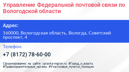Управление Федеральной почтовой связи по Вологодской области - визитка