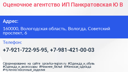 Оценочное агентство ИП Панкратовская Ю В  - визитка