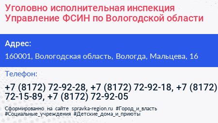 Уголовно исполнительная инспекция Управление ФСИН по Вологодской области - визитка