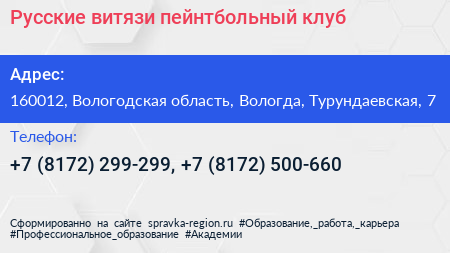 Русские витязи пейнтбольный клуб - визитка