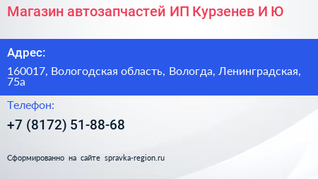 Магазин автозапчастей ИП Курзенев И Ю  - визитка