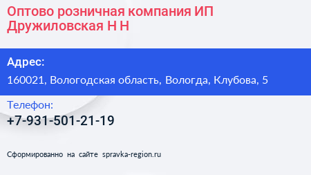 Оптово розничная компания ИП Дружиловская Н Н  - визитка