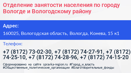 Отделение занятости населения по городу Вологде и Вологодскому району - визитка