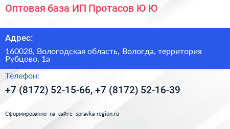 Оптовая база ИП Протасов Ю Ю  - визитка