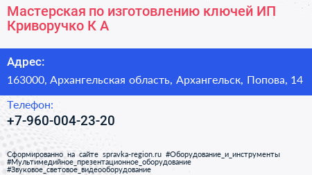Мастерская по изготовлению ключей ИП Криворучко К А  - визитка