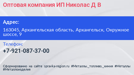 Оптовая компания ИП Николас Д В  - визитка