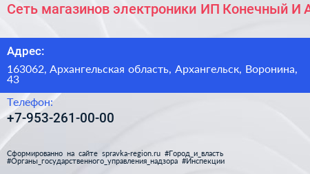 Сеть магазинов электроники ИП Конечный И А  - визитка