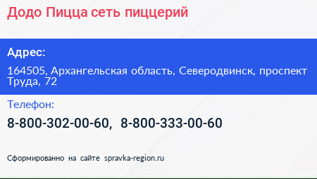 Додо Пицца сеть пиццерий - визитка