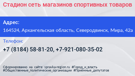 Стадион сеть магазинов спортивных товаров - визитка