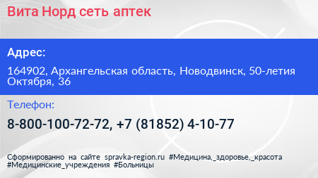 Вита Норд сеть аптек - визитка