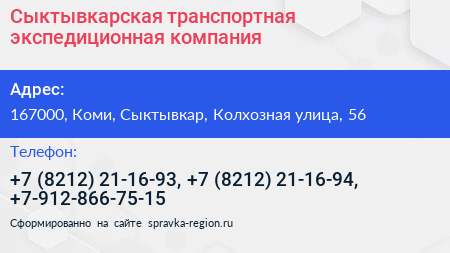 Сыктывкарская транспортная экспедиционная компания - визитка
