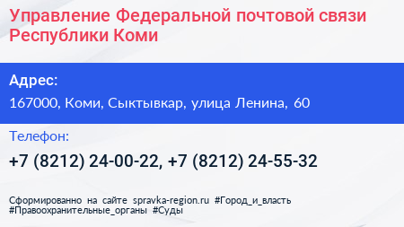 Управление Федеральной почтовой связи Республики Коми - визитка