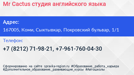 Mr Cactus студия английского языка - визитка