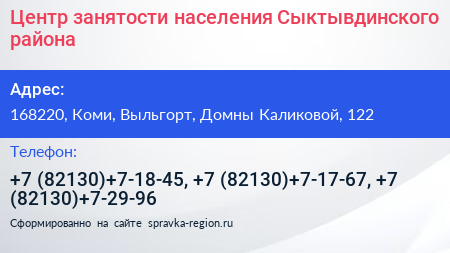 Центр занятости населения Сыктывдинского района - визитка