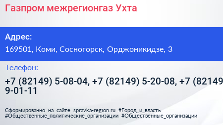 Газпром межрегионгаз Ухта - визитка