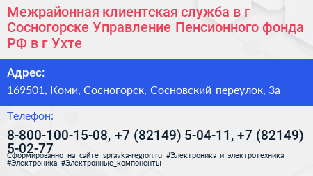 Межрайонная клиентская служба в г Сосногорске Управление Пенсионного фонда РФ в г Ухте - визитка