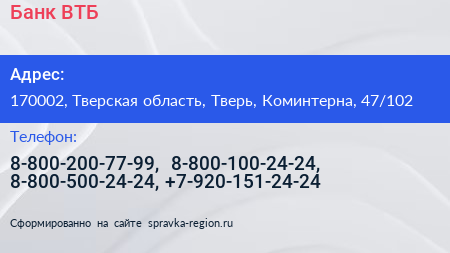 Банк ВТБ - визитка