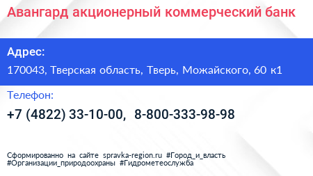 Авангард акционерный коммерческий банк - визитка