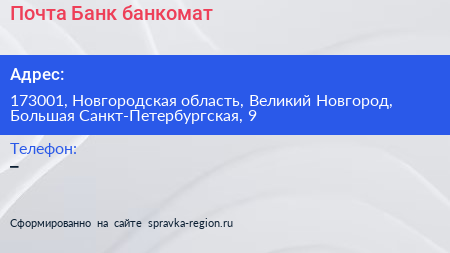 Почта Банк банкомат - визитка