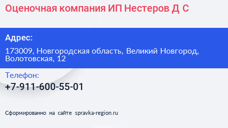 Оценочная компания ИП Нестеров Д С  - визитка