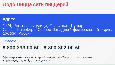 Додо Пицца сеть пиццерий - визитка