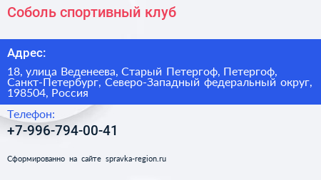 Соболь спортивный клуб - визитка