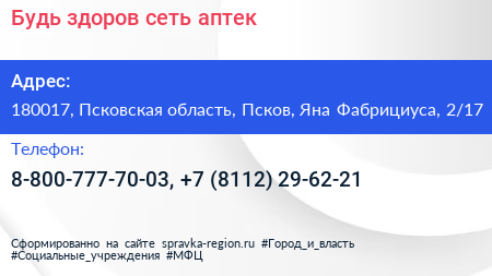 Будь здоров сеть аптек - визитка