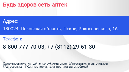 Будь здоров сеть аптек - визитка