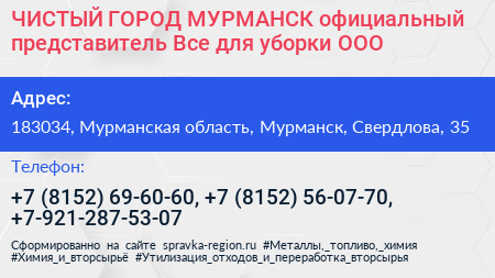 ЧИСТЫЙ ГОРОД МУРМАНСК официальный представитель Все для уборки ООО - визитка