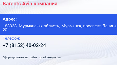 Barents Avia компания - визитка