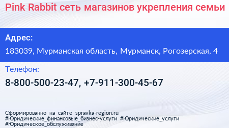 Pink Rabbit сеть магазинов укрепления семьи - визитка