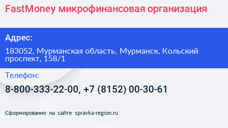 FastMoney микрофинансовая организация - визитка