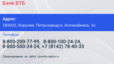 Банк ВТБ - визитка