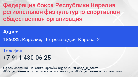 Федерация бокса Республики Карелия региональная физкультурно спортивная общественная организация - визитка
