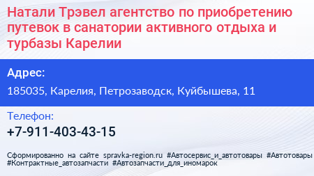 Натали Трэвел агентство по приобретению путевок в санатории активного отдыха и турбазы Карелии - визитка