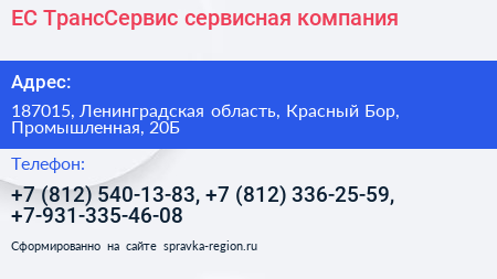 ЕС ТрансСервис сервисная компания - визитка